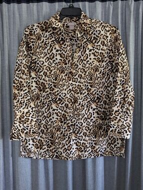 Chicos Top Women's 0 (4/6) Popover Leopard Print Office No Iron Long Sleeve